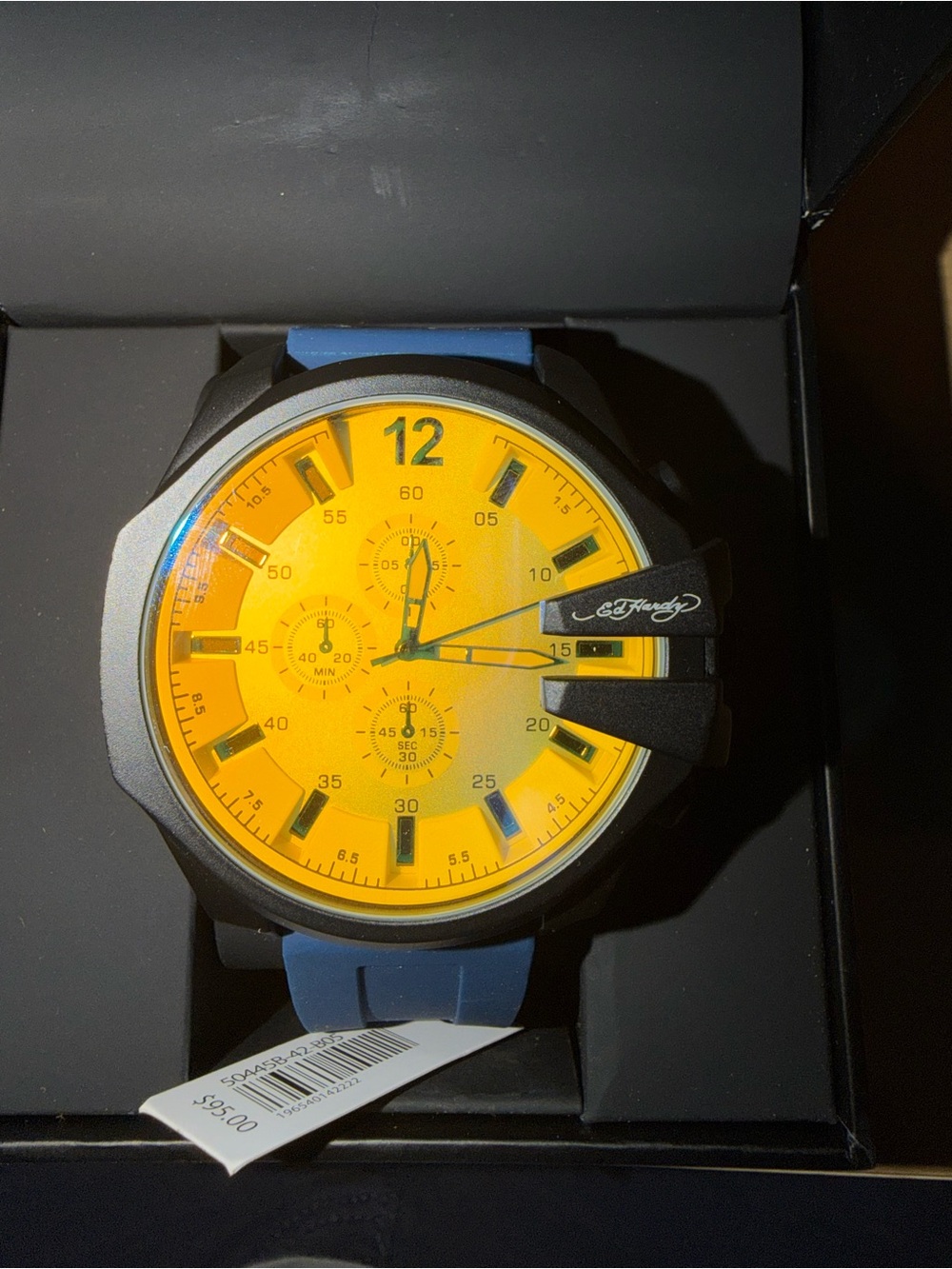 Ed Hardy Men’s Yellow Dial Watch with Blue Strap